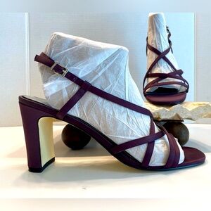 Sam & Libby Freida Merlot Wine Satin Strappy Block High Heeled Sandals Sz 10